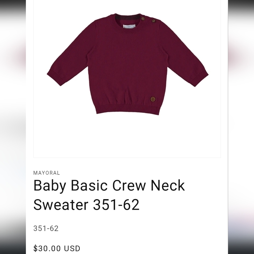 Mayoral Baby Basic Maroon Crewneck Sweater ~ sz 6 mo